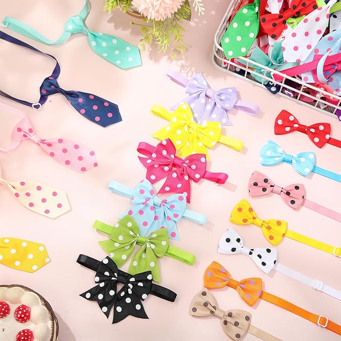 Reginary 100 Pieces Dog Bow Tie Collar Set Include 40 Dog Neckties, and 30 Puppy Bowties, 30 Collar Flowers, Adjustable Pet Ties Grooming for Small Medium Cats Pets Supply(Dot)