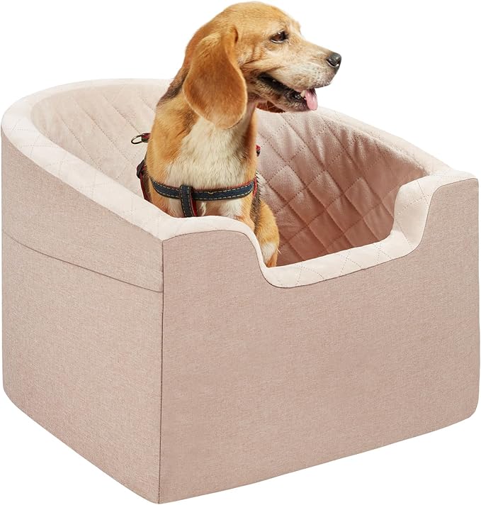Happybuy Dog Car Seat, Waterproof Dog Booster Seat for Car with A Storage Pocket, Clip-On Safety Leash and Sponge Filling, Dog Car Bed for Small & Medium Dog up to 55lbs, Brown