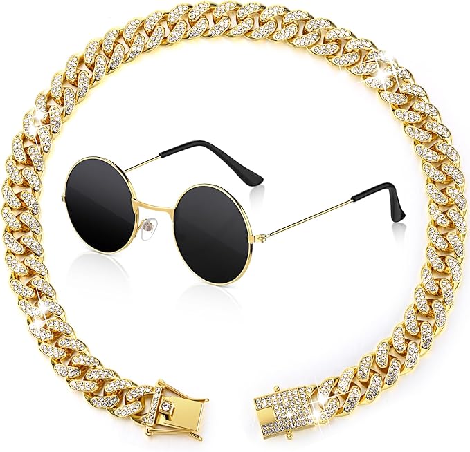 Xuniea 2 Pieces Glasses and Necklace for Doll Cat Dog Chain Collar and Sunglasses Set Rhinestone Collar with Secure Buckle Round Glasses(18 Inch,Gold, Black)