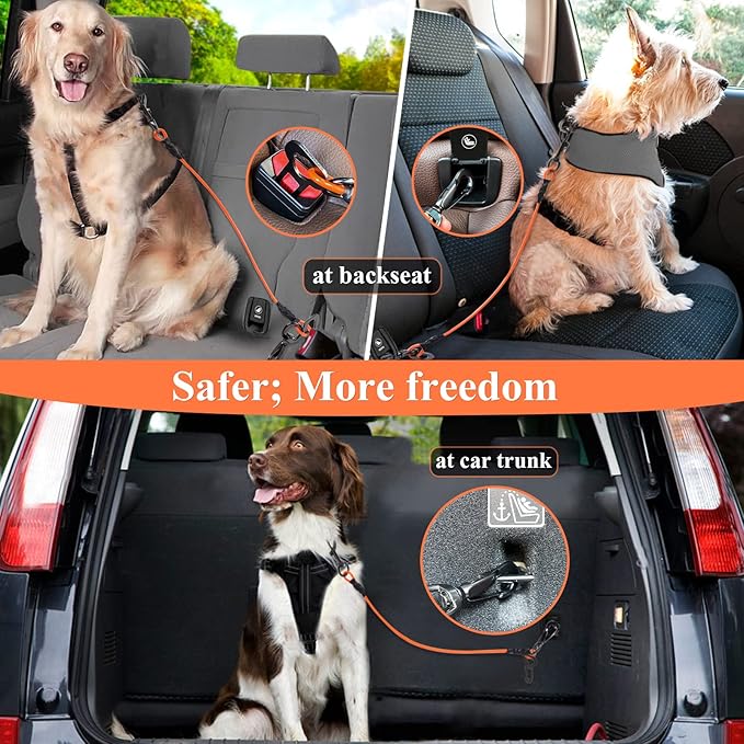 VIVAGLORY Dog Seat Belt Tuffbelt Dog Car Harness, Seatbelt with Clip & Hook for Car Travel, Chew Proof Anti Chew Unchewable Metal Safety Tether Restraint, S, Orange