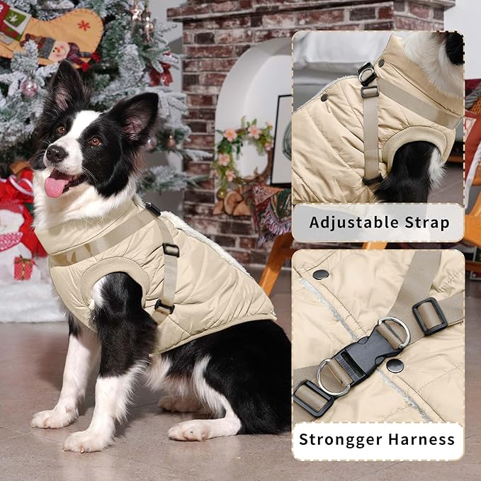 Dog Jacket with Harness,Fleece Lined Warm Puppy Coat for Winter,Soft Windproof Small Dog Vest,Khaki XS