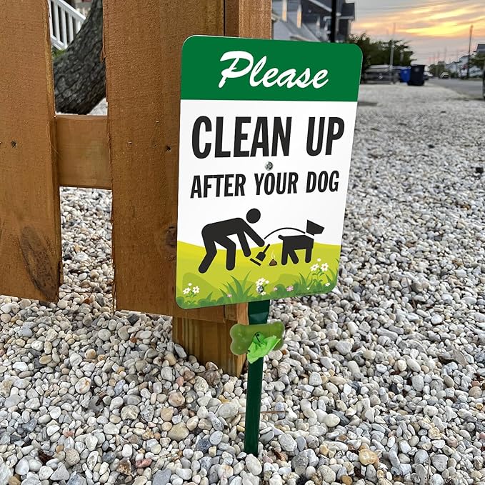 SmartSign Please Clean Up After Your Dog Yard Sign & Clip-On Dispenser Combo/Kit, 7"x10" Rust-proof Aluminum Sign with 18-inch Steel Stake, Compact Dispenser Preloaded with a 15 Dog Poop Bags Roll