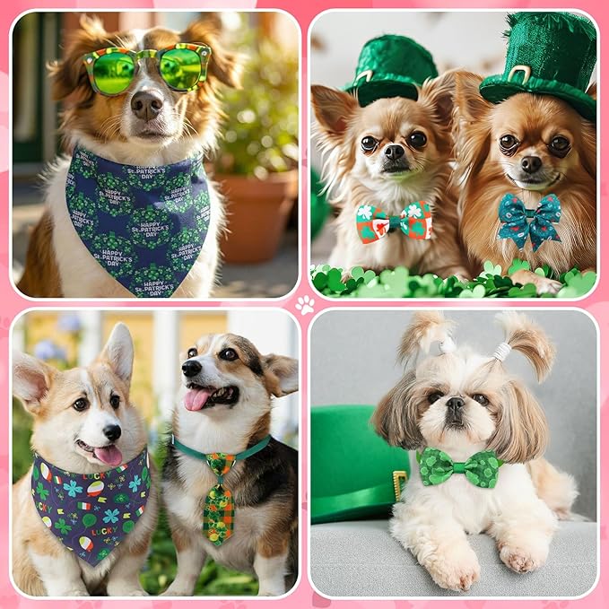 Reginary 200 Pcs Valentine's Day Dog Bandanas Bulk Dog Bows Ties St. Patrick's Day Pet Collars Set Clover Lucky Pattern Grooming Bowties and Neckties Collar for Small Middle Pets Puppies