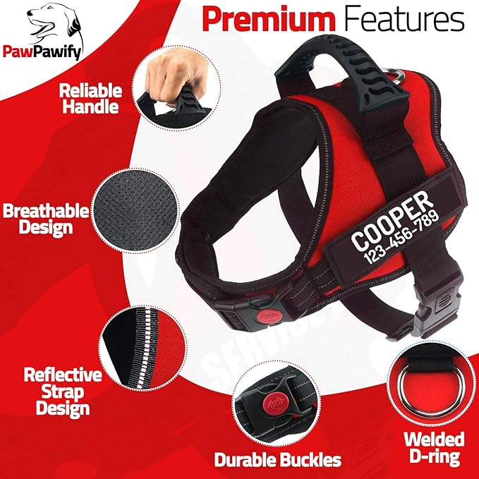 Personalized No Pull Dog Harness with Custom Name and Phone Number by PawPawify, Heavy Duty Pet Vest to Prevent Tugging, Pulling, or Choking, Training and Walking Red