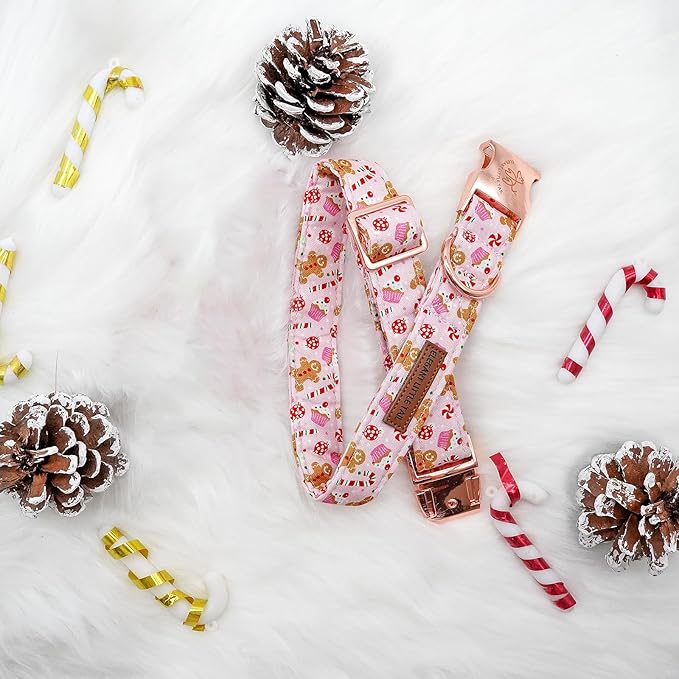 Elegant little tail Dog Collar, Christmas Pink Gingerbread Man Print Pet Collar Cute Dog Collars Male or Female Pet Gift Adjustable Dog Collar for Medium Dogs