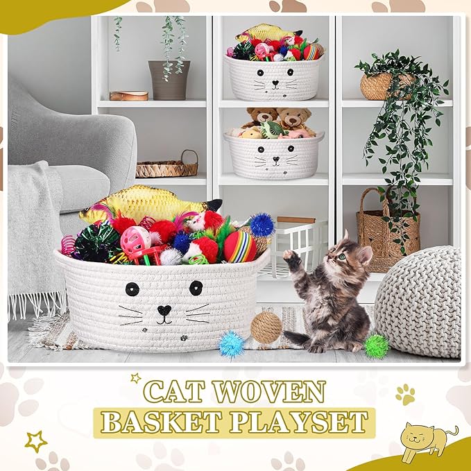 Zopeal 58 Pcs Cat Storage Basket Gift Toys Set, Colorful Flashing Balls Pet Bell Crinkle Balls Spring Toys Attract Cat to Swat, Hunt, Interactive for Pet(White,9.8 Inch)