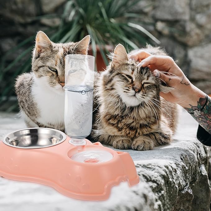 Automatic Pet Feeder and Water Dispenser Bowl Set, Dual Pink Food and Water Bowls for Dogs and Cats, Pet Feeding Tool for Home and Travel