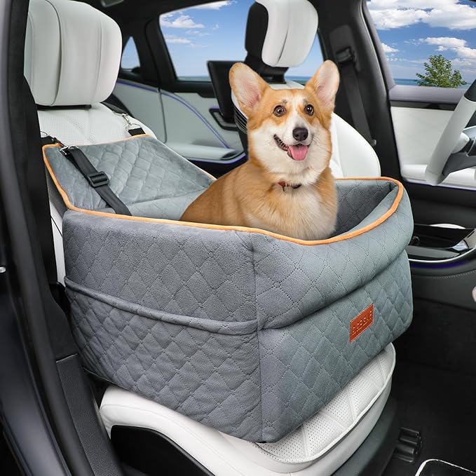 Dog Car Seat for Small Medium Dogs, Memory Foam Dog Booster Car Seat for Pets Under 35 lbs, Anti-Slip Pet Carseat with 2 Adjustable Leashes, Elevated Dog Travel Bed with Storage Pockets
