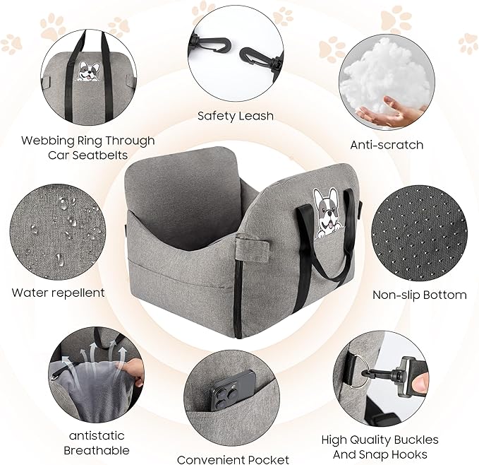 Dog Car Seat for Small/Medium Dogs.Water Repellent with Storage Pockets.Doubles as a Pet Travel Bed for Dogs Up to 40 lbs. Machine Washable Dog Carrier- Gray French Bulldog