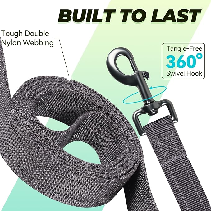 VIVAGLORY Twingrip Dog Leash, Double Handle Dog Leash for Training & Walking with Traffic Handle & 2 Loop, Traffic Control Reflective Heavy Duty for Puppy Pet, 6ft x 1in, Grey