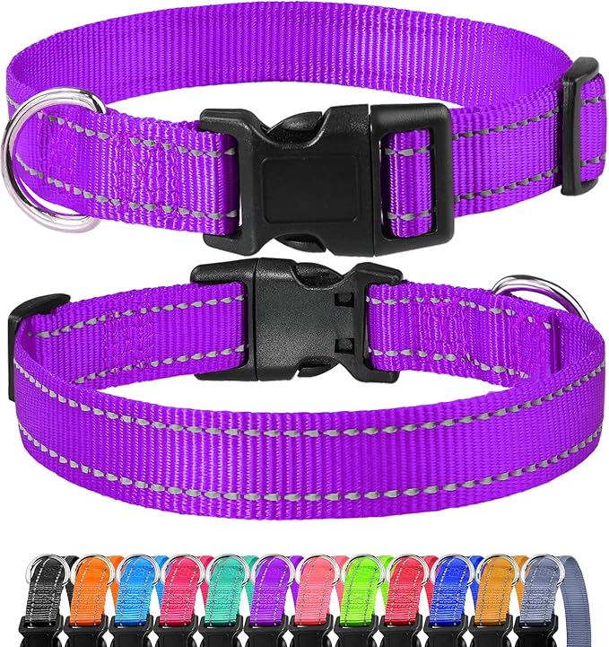 FunTags Reflective Dog Collar, Sturdy Nylon Collars for Large Girl and Boy Dogs, Adjustable Dog Collar with Quick Release Buckle, Purple