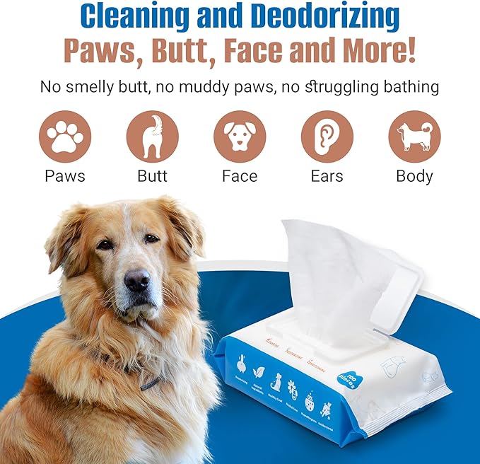 Pet Wipes for Dogs 100Pcs/1Pack – Unscented Dog Wipes with Vitamin E, Chamomile – Gentle Cat Wipes Ideal for Muddy Paws, Face, Dog Eye Wipes, Dog Ear Wipes – Resealable Lid Butt Wipes