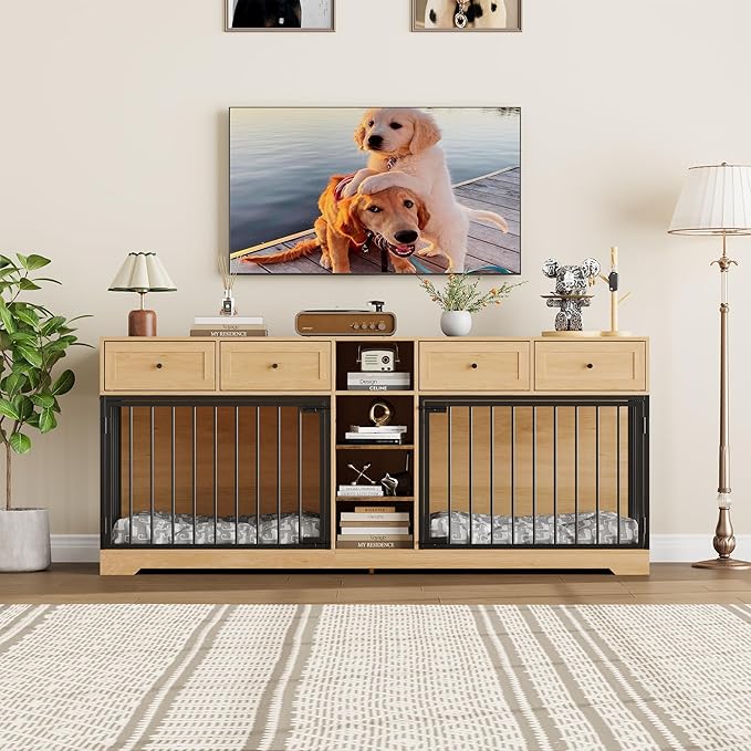 IDEALHOUSE 82” Large Dog Crate for 2 Dogs, Dog Kennel Indoor with 4 Drawers and Shelves, Double Dog Crate Furniture TV Stand, Wooden Dog Cage for Medium Large Dogs, Natural