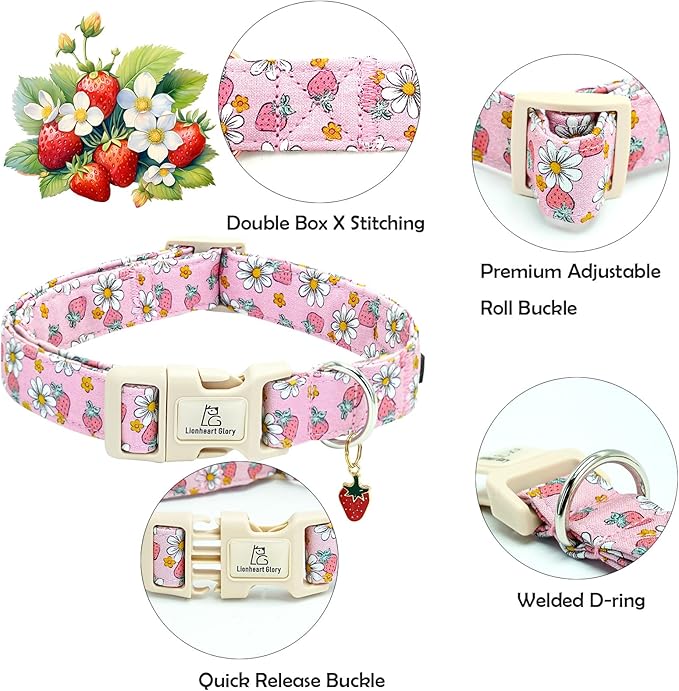 Lionheart glory Dog Collar Strawberries Print Pink Dog Collars Girl Spring Summer Cute Collar Pet Gift Durable Adjustable Dog Collar for Medium Dogs