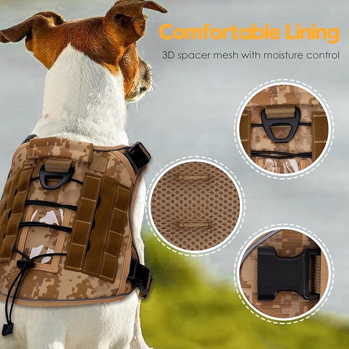 Heavy-Duty Tactical Dog Harness for Large Dogs, No Pull Adjustable Reflective Pet Vest with Molle System, K9 Military-Grade Control for Service Training, Outdoor & 10+ Breeds, Khaki Camo, XX-Large