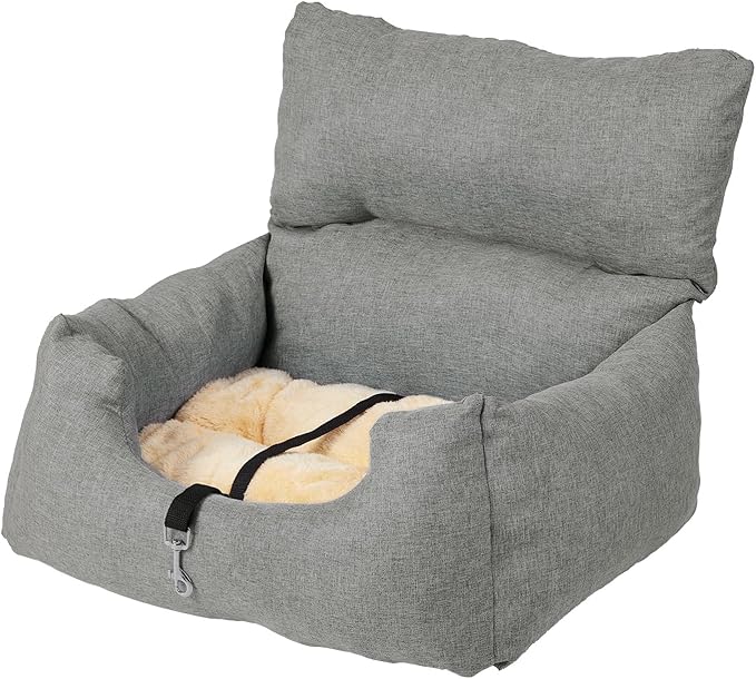 Dog Booster Car Seat Bed for Small Dogs Up to 18 LB, Portable Elevated Puppy Travel Car Seat with Tether & Reversible Cushion for Front and Back Use, Grey