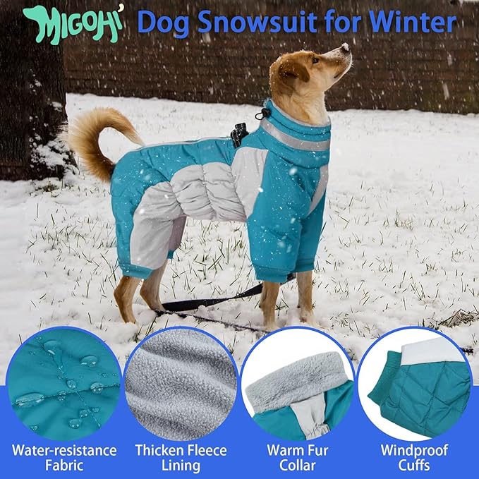 MIGOHI Full Body Dog Coat - Warm Reflective Large Dog Winter Coat with Harness,Turtleneck Fleece Jacket for Dogs,Four-Leg Windproof Puffer Jackets Snowsuit with Zipper for Small Medium Large Dogs,XL