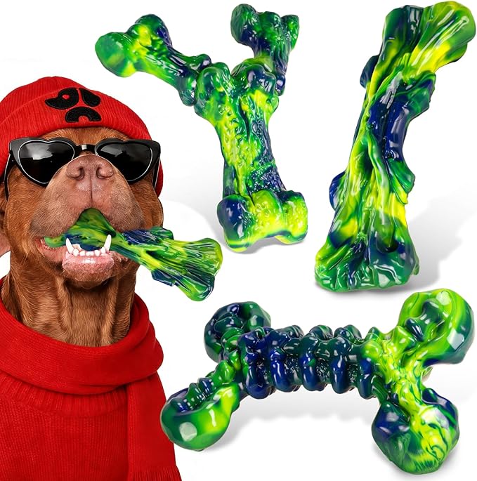 Indestructible Dog Chew Toys for Aggressive Chewers: 3-Pack Peanut Butter Flavored Tough Nylon Chew Bones for Medium & Large Dogs 25–80 lbs, Long-Lasting St. Patrick's Day Dog Gift (Green)