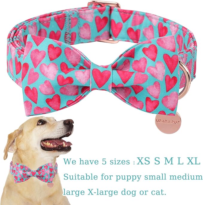 Valentine’s Day Dog Collar with Bow Tie, Pink Heart Bowtie Collar with Metal Buckle, Valentine’s Day Gift Pet Collar for Puppy Girl Boy Dog or Cat, Wedding Dog Collar,XL, Neck 16-26in