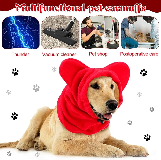 Winter Dog Hats Quiet Ears for Dogs Ear Muffs Pet Neck Warmer Scarf Hoodie Noise Protection Cover Beanie Head Wrap Costume for Pet Dog Cats(Red,M)