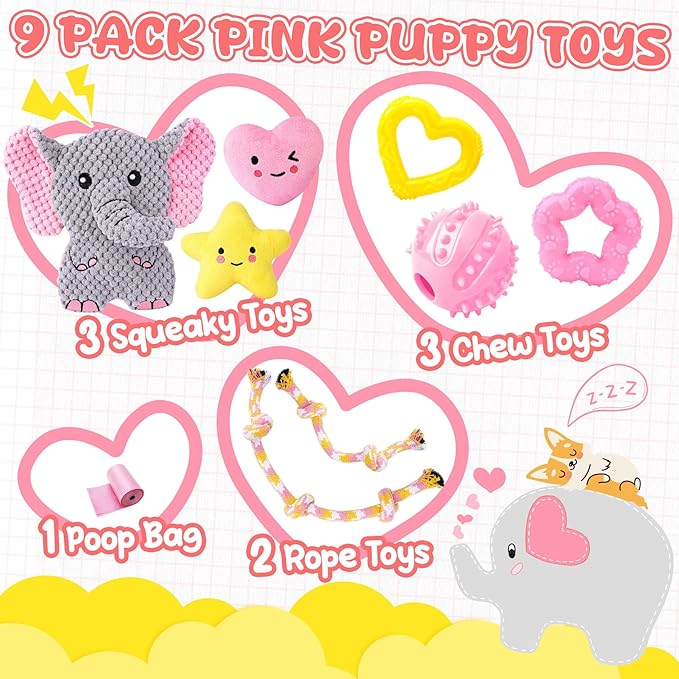 XIUGOAL Pink Puppy Toys - 9 Pack Puppy Chew Toys for Teething, Enrichment Dog Toys for Small Dogs to Keep Them Busy, Squeaky Plush Toy for Boredom