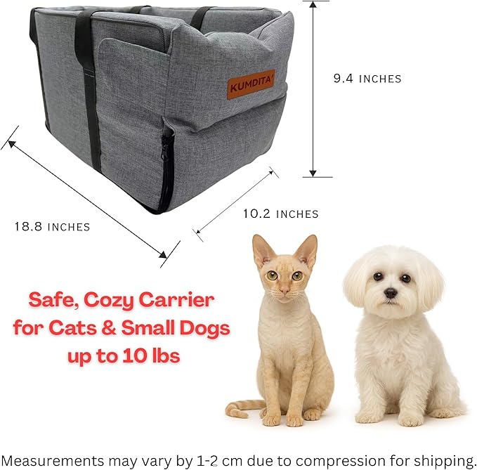 Kumdita' Center Console Dog Car Seat & Carrier for Small Dogs & Cats, 18.5 x 10.5 x 9.5 Inches, Sewn-in Leash (Gray)