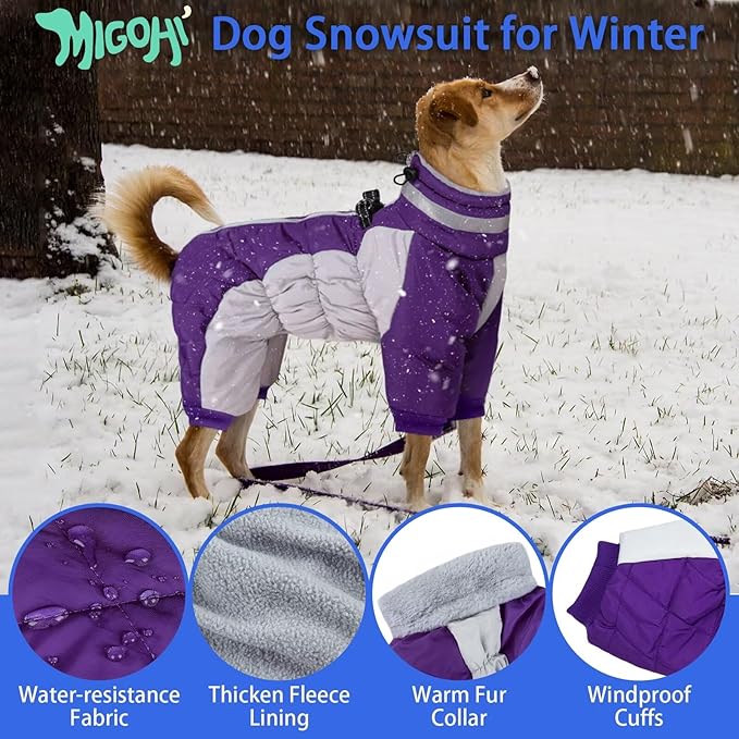 MIGOHI Full Body Dog Coat - Warm Reflective Winter Coat for Medium Dogs with Harness,Turtleneck Dog Fleece Jacket,Four-Leg Windproof Puffer Jackets Snowsuit with Zipper for Small Medium Large Dogs,L