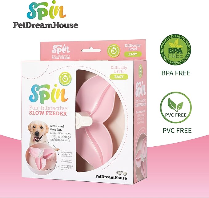 PetDreamHouse Spin Interactive Slow Feeder Bowl for Dogs - Bougainvillea Pink - Skill Level: Easy - Fun and Healthy Feeding with Movable, Adjustable Center Puzzle Piece for All Dogs and Food Types
