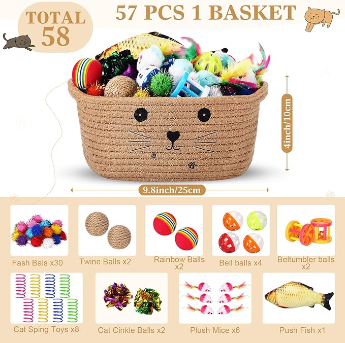 Zopeal 58 Pcs Cat Storage Basket Gift Toys Set, Colorful Flashing Balls Pet Bell Crinkle Balls Spring Toys Attract Cat to Swat, Hunt, Interactive for Pet(Khaki,9.8 Inch)