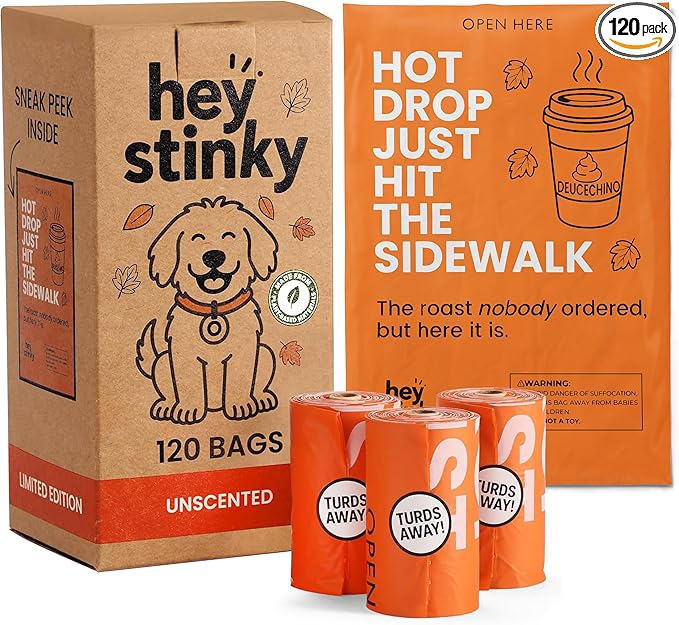 Dog Poop Bags 120 Count – Leakproof, Extra Thick & Easy Open | Unscented Plant-Based PLA + PBAT, Fits All Dispensers | Funny Hey Stinky Design – $1 Donated to Service & Therapy Dogs
