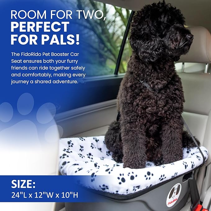 FidoRido Dog Car Seat - Pet Booster Seat for Small to Large Dogs with Comfortable Cushions, Sherpa Cover, and Safety Straps, Easy to Install, Ideal for Travel, White Black Paw Prints - Large Harness