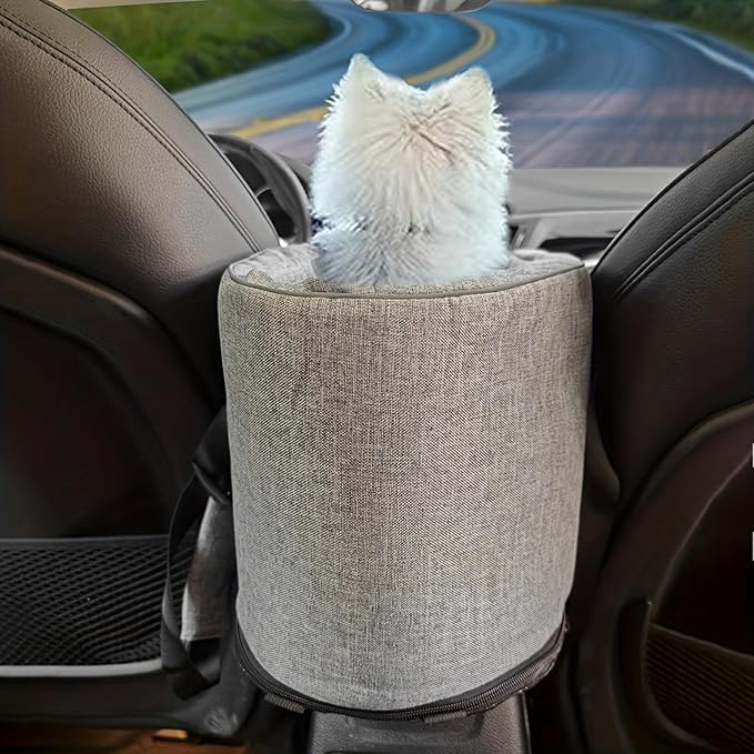Center Console Dog Car Seat with Safety Strap Soft Cotton Cushion Detachable Armrest Pet Seat for Small Dogs Cats Under 14lbs Portable Travel Bag for Cars SUVs (Light Grey)
