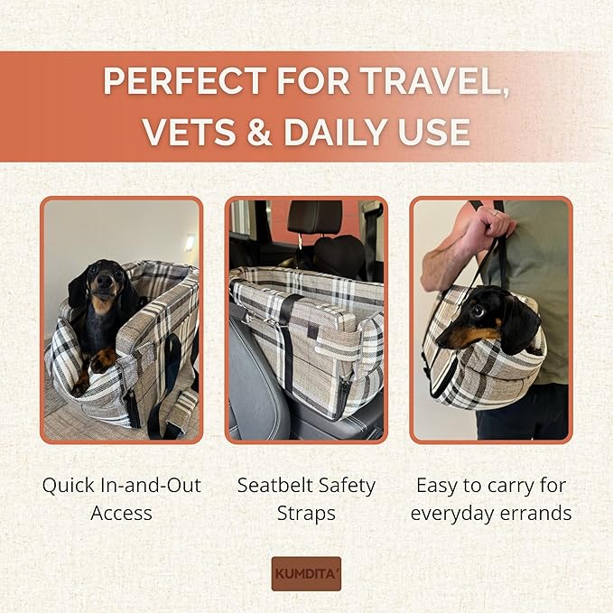 Kumdita' Center Console Car Seat & Carrier for Small Dogs & Cats with Dual Over-Seat Straps, Sewn-in Safety Leash & PE Board Base (Chequed)
