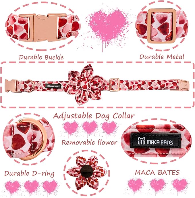 Maca Bates Valentine's Day Dog Collar with Floral Bow for Extra Small Girl Boy Dogs,Red Love Hearts Pattern,Adjustable Durable Soft Valentine Gift for Female Male Puppy