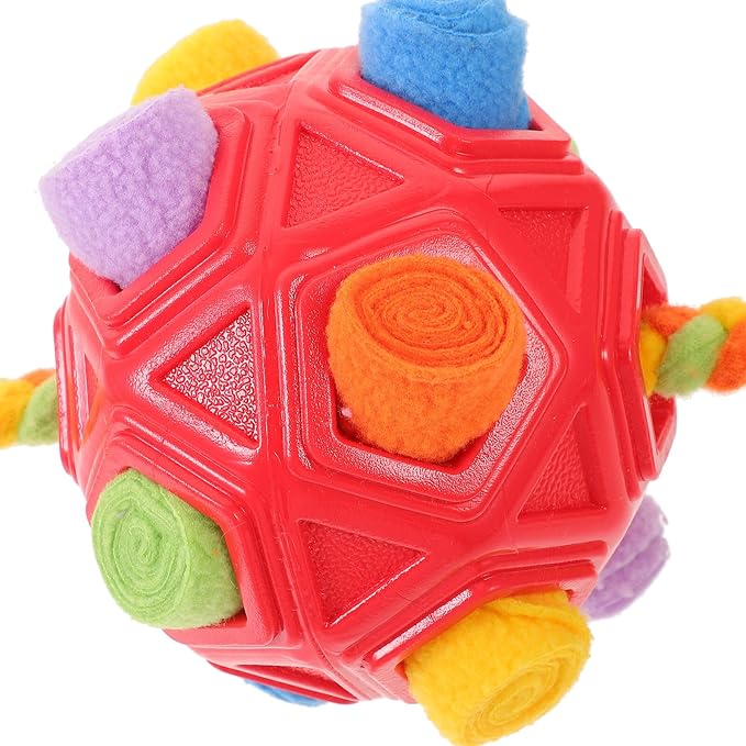 Interactive Dog Snuffle Ball Treat Puzzle for Large Dogs Puppy Enrichment Pet Foraging with Rope – Red Scent Stimulation Chew Ball for Canine Training