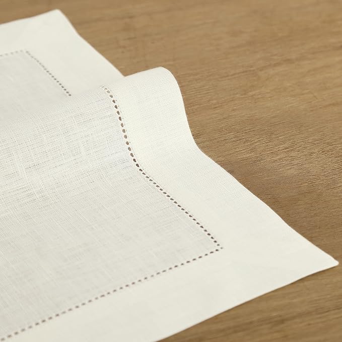 Solino Home Square Placemats Set of 4-100% Pure Linen Ivory Cloth Placemats 14 x 14 Inch - Classic Hemstitch, Machine Washable Place Mats for Holiday, New Year