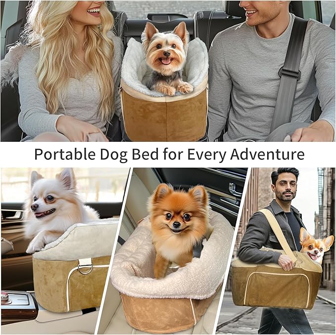 Console Dog Car Seat for Small Dogs – Portable Booster Seat with Safety Belt, Non-Slip Base, and Storage Pockets, Fits Dogs Up to 11lbs (Brown Frosted Velvet, Small)