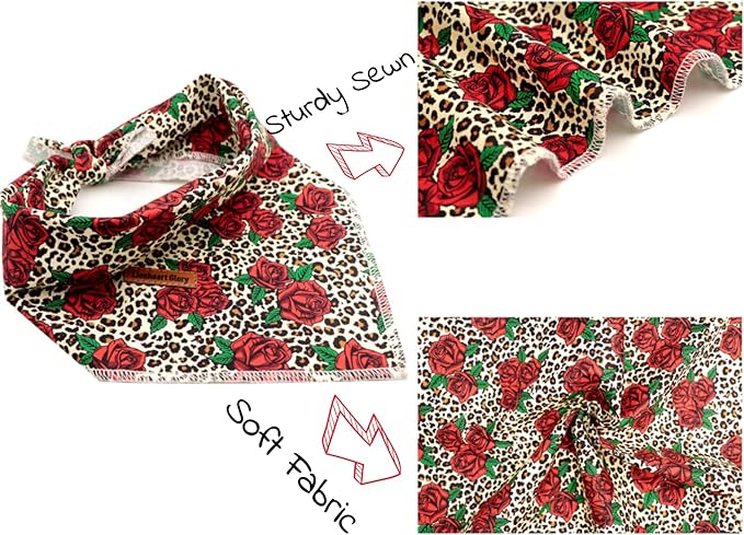 Lionheart glory Dog Bandana 1 Pack Washable Soft Cotton Rose Leopard Bibs Scarf, Adjustable Kerchief Square Dog Bandanas for Small Dogs