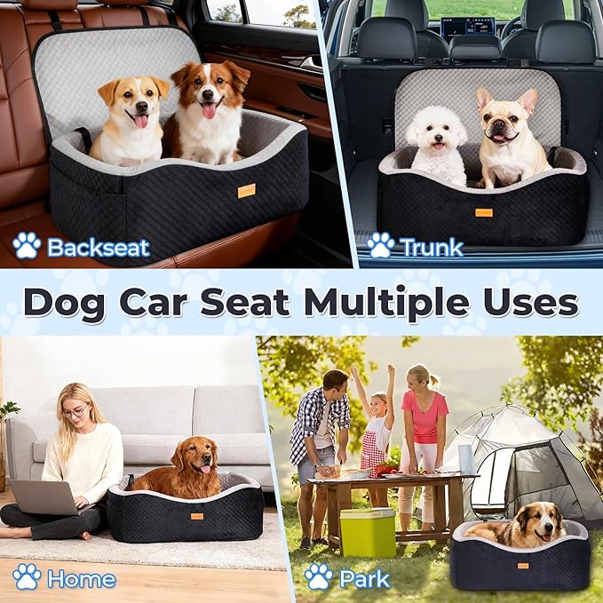 Dog Booster Car Seat for Large Dogs up to 60 lbs or 2 Small Dogs with 4" Memory Foam, Medium Pet Car Seat, Adjustable Leashes, Detachable/Washable (Black/Gray, Large)