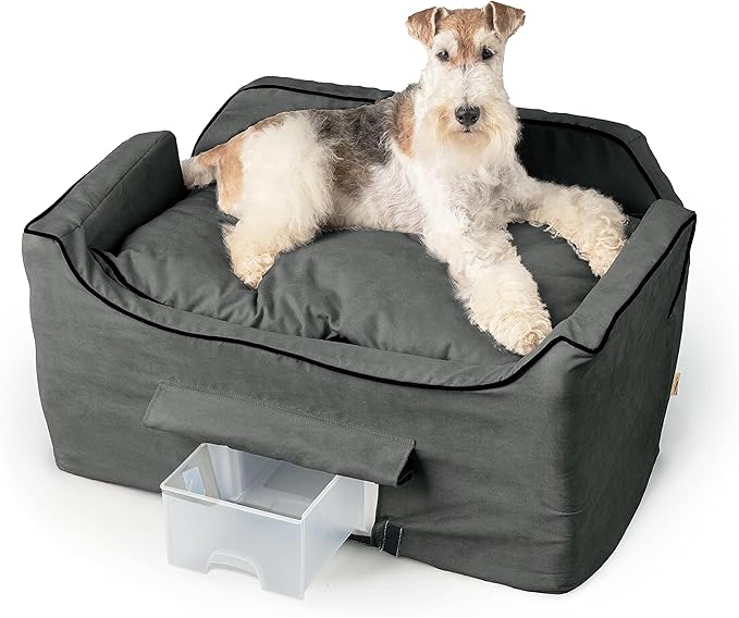 Snoozer Dog Car Seat with Storage Tray: Lookout II Dog Booster Car Seat Medium Sized Dog, Pet Car Seat to Help Car Sickness for Dogs, Included Harness Strap, Anthracite Removable Washable Cover