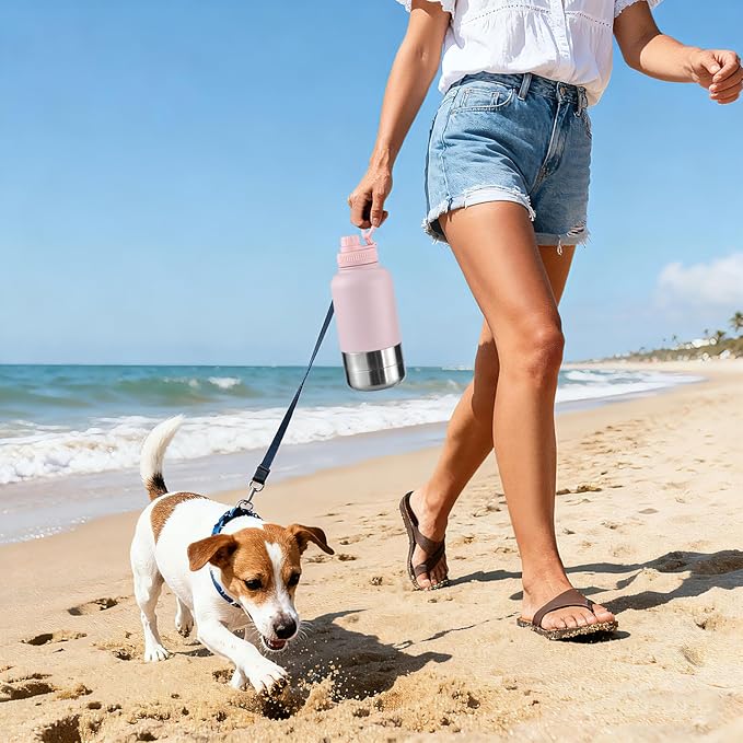 Insulated Dog Water Bottle with 2 Bowls, 32oz Travel Stainless Steel Double Wall Thermos, Portable Pet Dispenser, Gifts for Puppy Small Dogs Walking Hiking and Camping