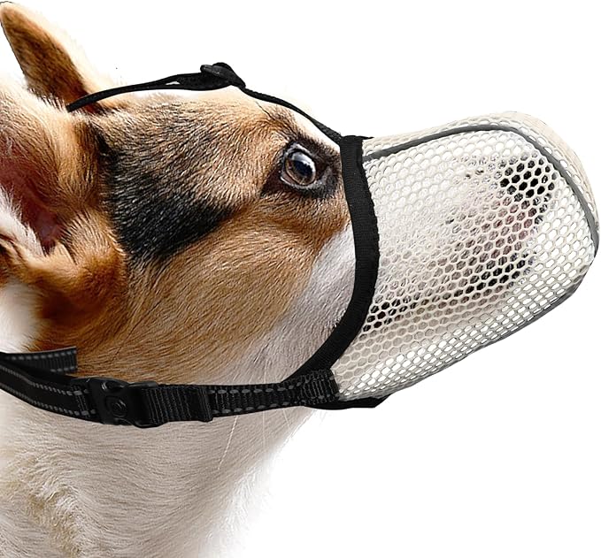 Dog Muzzle, Breathable Soft for Small Dogs to Anti & Prevent Barking Biting Chewing, Reflective & Adjustable Basket Muzzle with Air Mesh for Toy Poodles Beige S