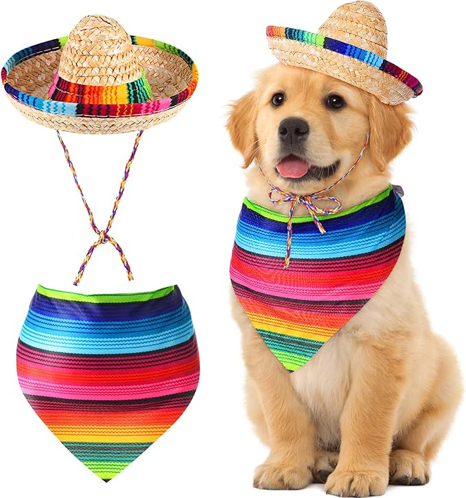 Saintrygo Dog Sombrero Hat Pet Christmas Costume Straw Mexican Hat and Dog Bandana Pet Triangle Bib for Mexican Cowboy Christmas Decorations