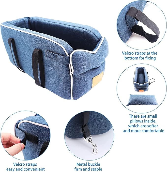 Dog Car Seat Pet Booster Seat ON Car Armrest Perfect for Small Pets, Interactive Dog Console Car Seat,Pet Travel Safety Car Seat,Portable Dog Car Travel Carrier Bed with Safety Buckle