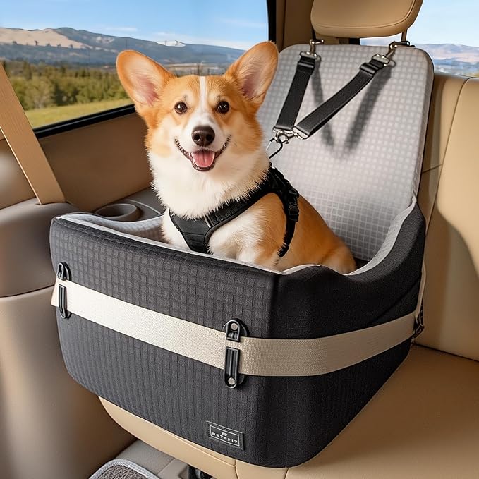 PETSFIT Dog Car Seat for Small/Medium Dogs Up to 35 lbs – Patented Safety System, 6" Memory Foam Pet Booster Car Seat, Fully Detachable and Washable Dog Carseat with 2 Storage Pockets (Black & Grey)