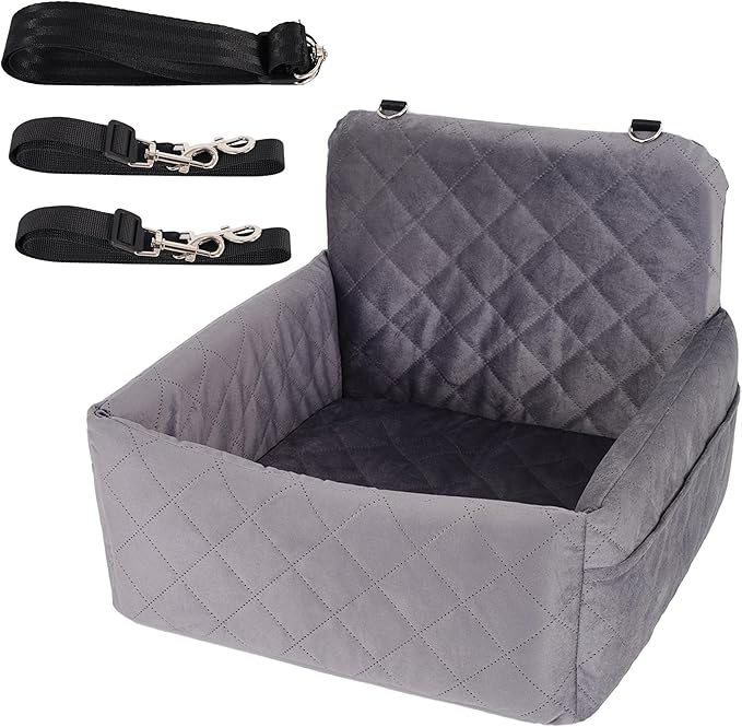Dog Car Seat for Small Dogs Under 30 lbs, Memory Foam Booster Seat with Detachable Washable Cover, Travel-Safe Pet Car Bed with Safety Belts & Storage Pockets, Anti-Slip Bottom (Grey)