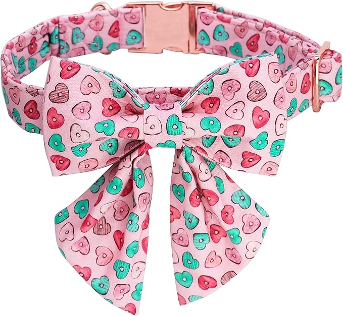 Maca Bates Valentine's Day Dog Collar with Sailor Bow for Small Girl Boy Dogs,Pink Love Hearts Pattern,Adjustable Durable Soft Valentine Gift for Female Male Puppy