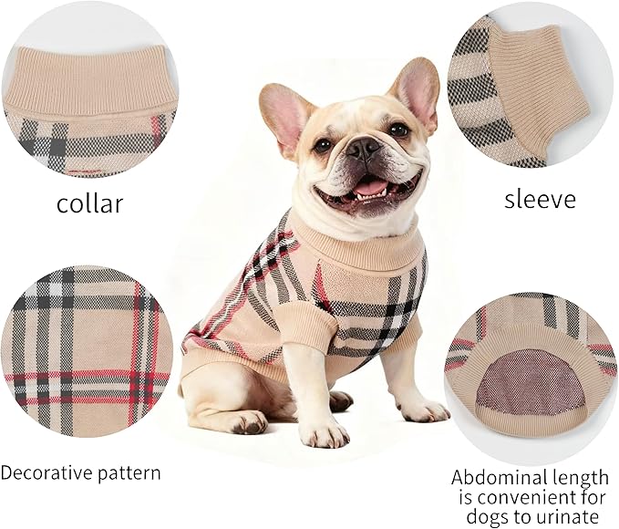 Small/Medium Dog Sweater, Warm Dog Winter Coat w/Sleeves, Comfortable High Neck & Leash Hole, Premium Dog Clothes for Bulldog-Best for Holidays, Daily Walks L Apricot
