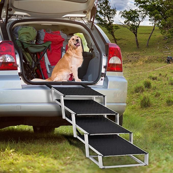 Dog Ramp for Car, Extra Wide Dog Stair for Large Dogs Car, Pet Steps Light Weight Aluminum Foldable Dog Steps for Cars and SUV,High Beds, Trucks, Supports up to 200 lbs (Extra Wide-4 Steps)