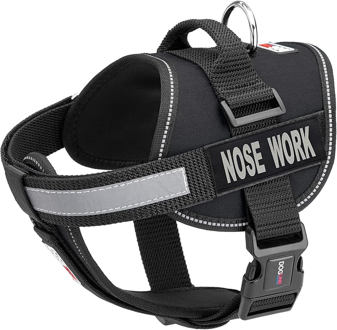 Dogline Vest Harness for Dogs and 2 Removable Nose Work Patches, Medium/22 to 30", Black